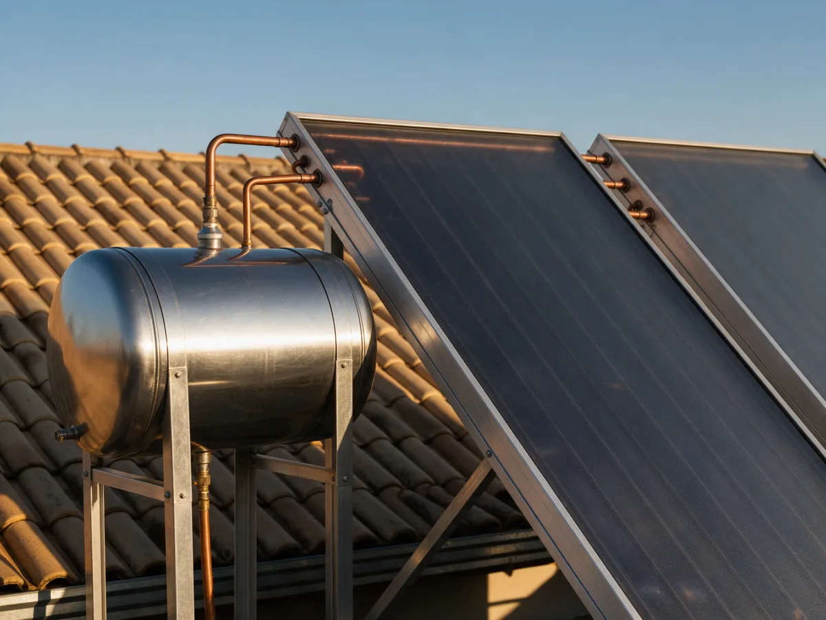 Boiler de inox e dois coletores solares instalados sobre telhado de cerâmica