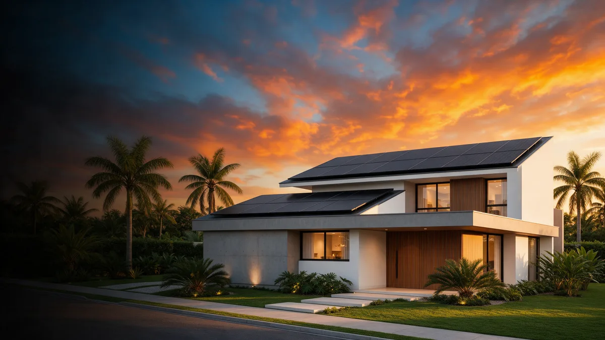 Casa contemporânea com placas solares pretas no telhado ao pôr do sol
