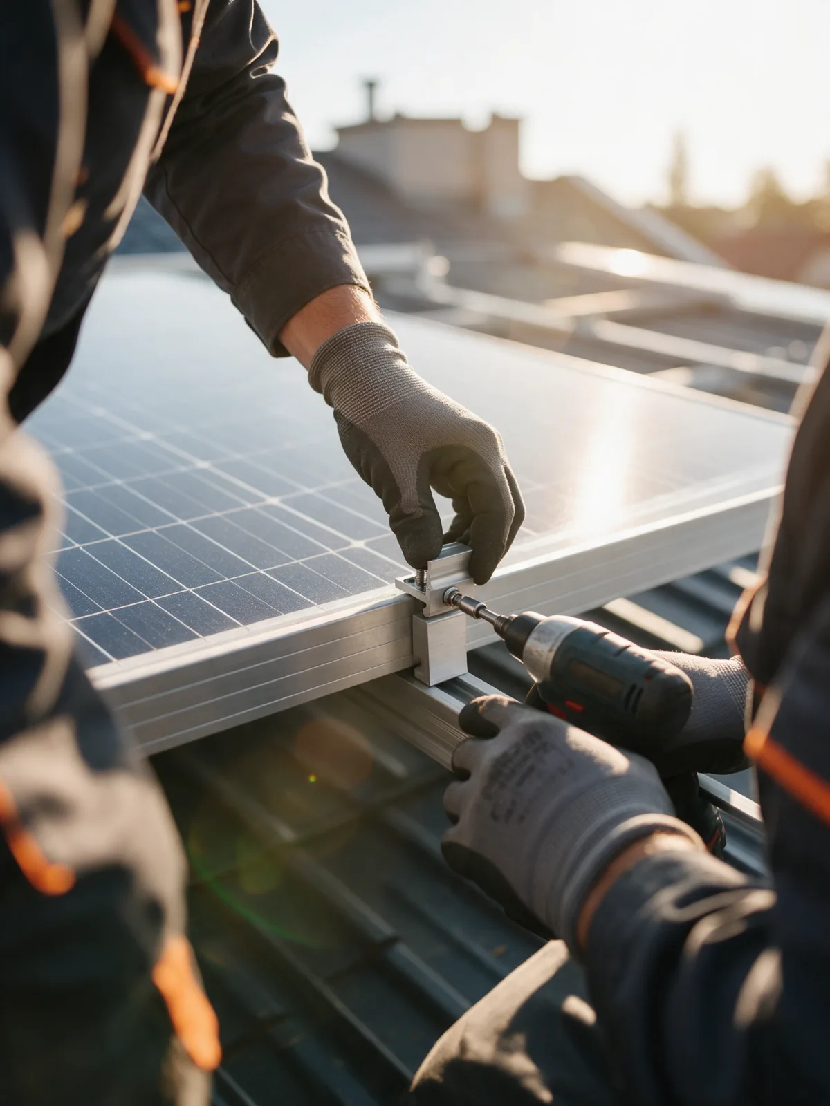 Instaladores fixando a presilha de uma placa solar no trilho de alumínio