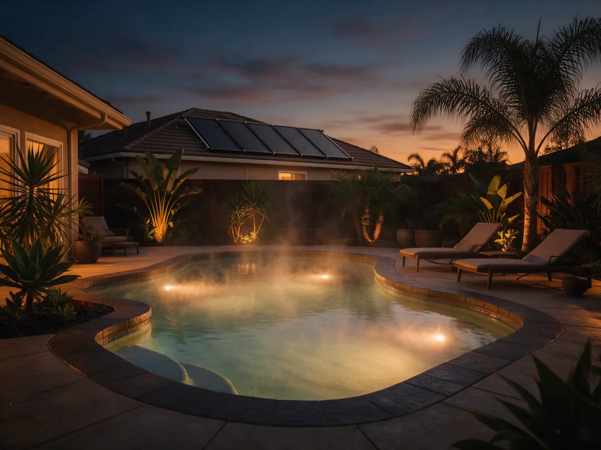 Piscina aquecida ao anoitecer, com vapor sobre a água e coletores solares no telhado ao fundo