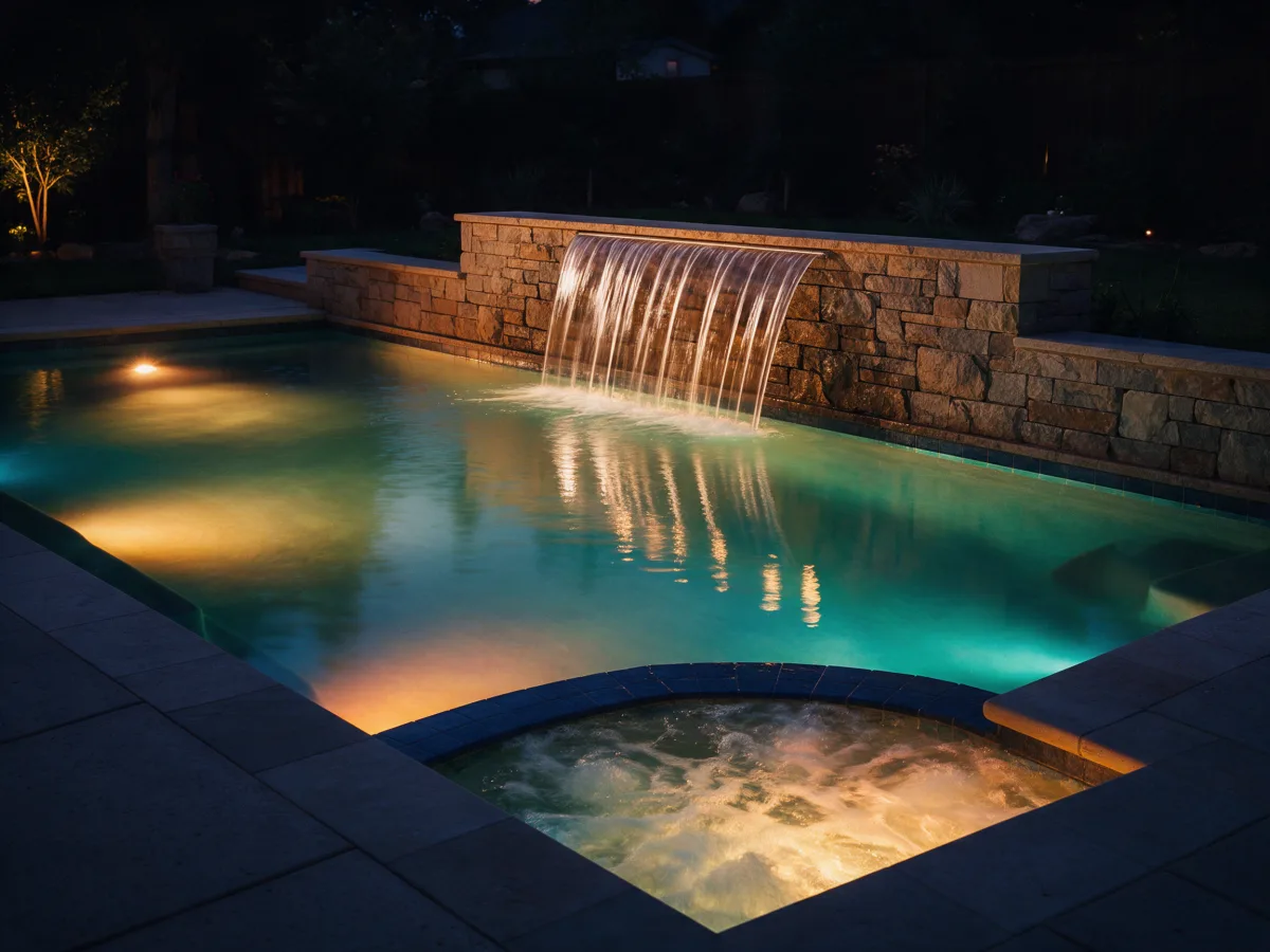 Piscina à noite com cascata em muro de pedra, hidromassagem e iluminação LED