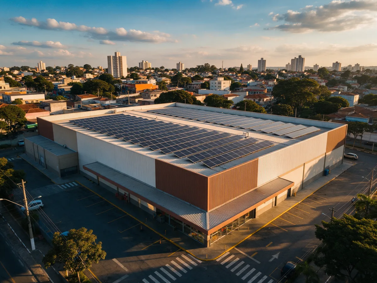Telhado de galpão comercial com fileiras de placas solares